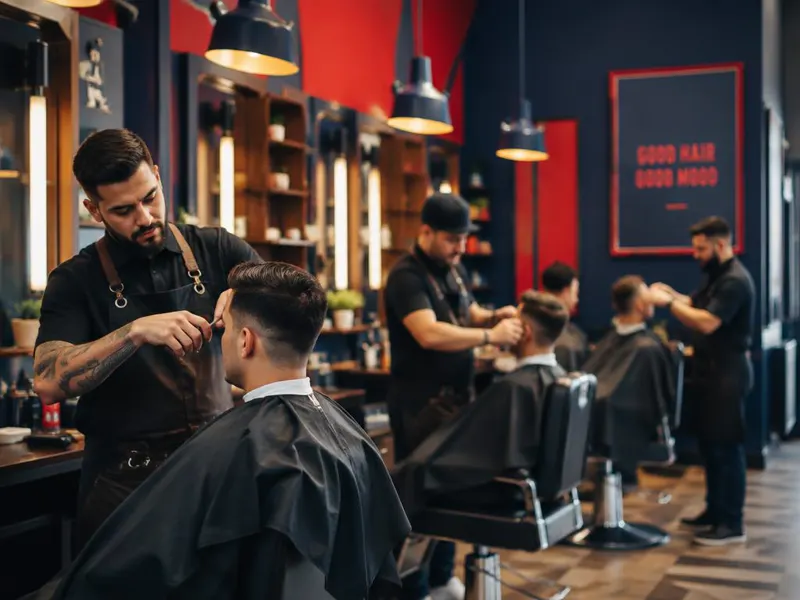 Barberos atendiendo a clientes en una barbería